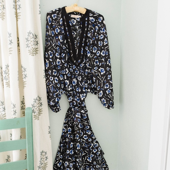 TORY BURCH Blue Puff Sleeve Dress Size XL Belted Midi Floral Asymmetrical - Picture 2 of 5